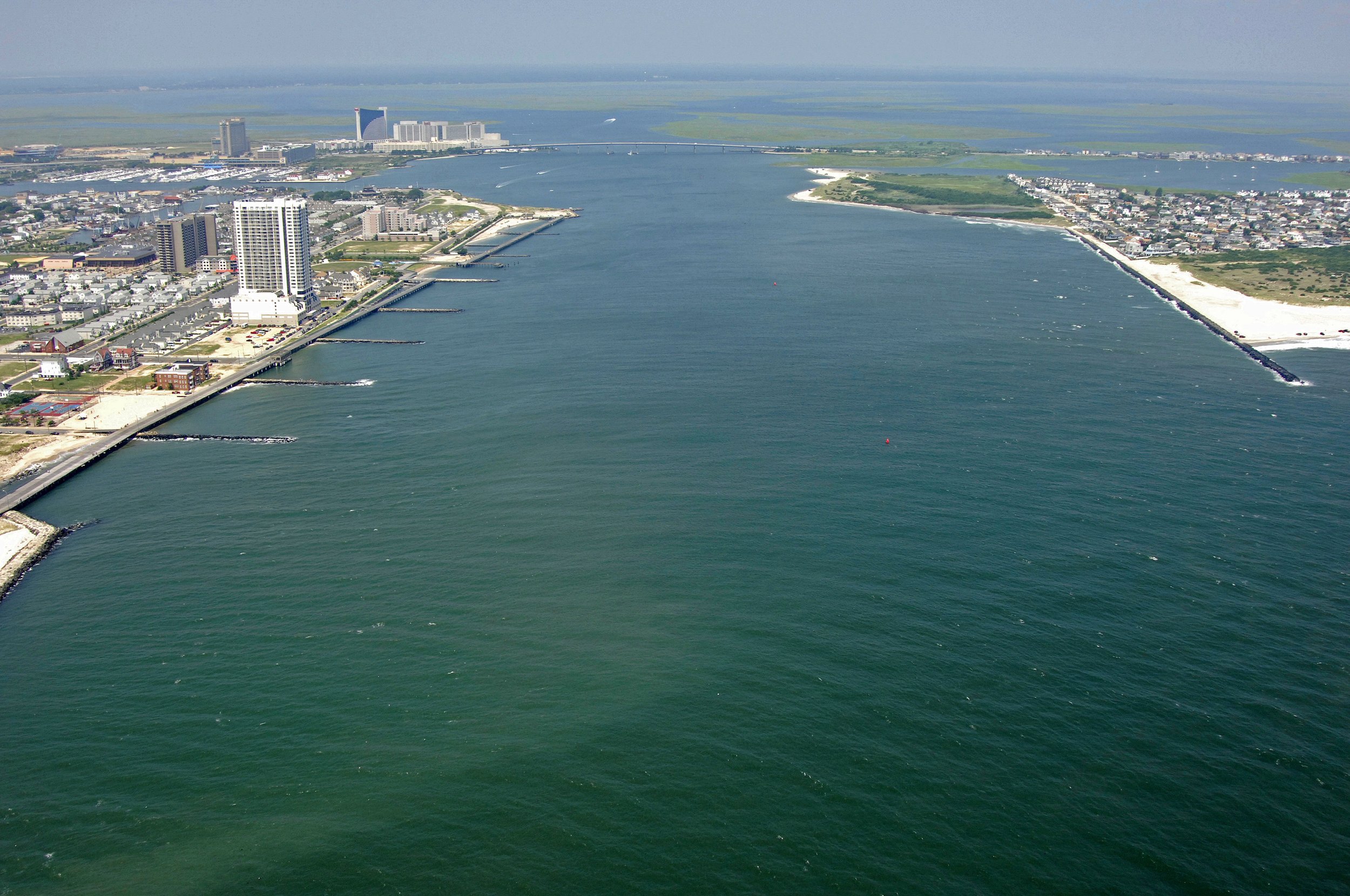 Aerial shot of The Atlantic City inlet and Brigantine Coast